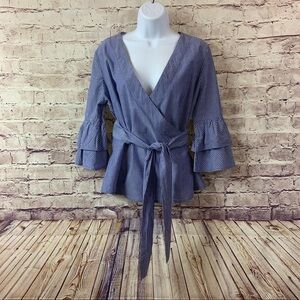 Beach Lunch Lounge Blue Striped Wrap Bell Sleeve Top